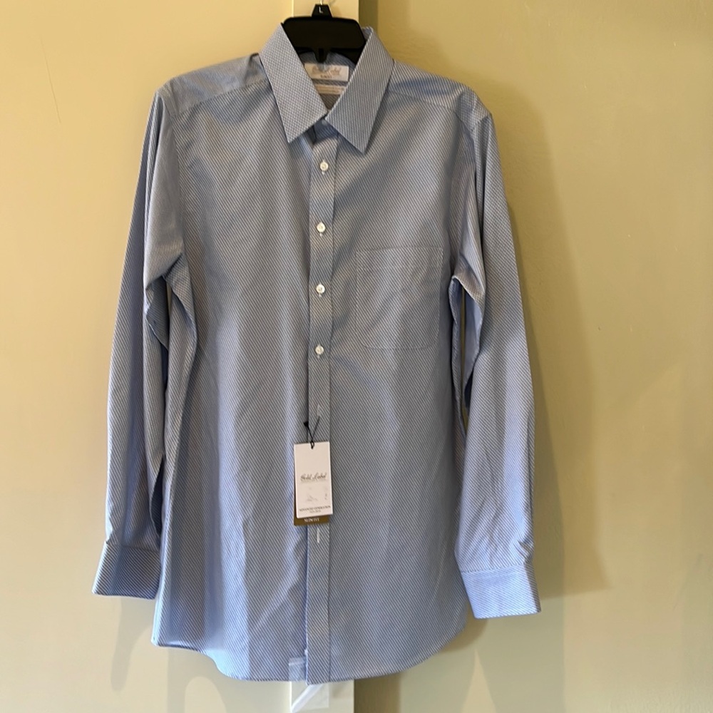 Roundtree & Yorke Gold Label blue patterned dress shirt 16 x 34 slim fit